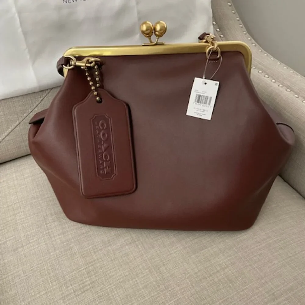 Coach Brown Leather Kiss-Lock Frame Satchel with Gold Hardware - Picture 2 of 11